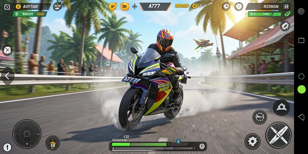 Gameplay A7777 dengan balapan motor yang mendebarkan.