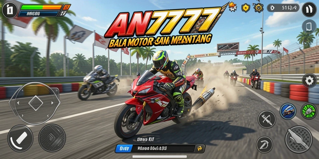 Tangkapan layar gameplay AN777 yang menampilkan balapan motor yang mendebarkan.
