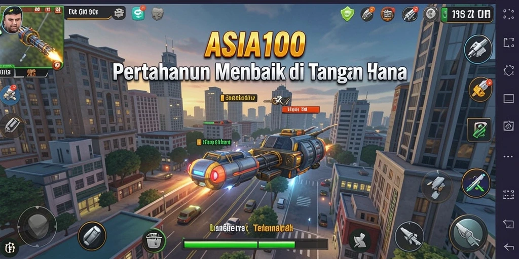 Screenshot ASIA100 menampilkan gameplay seru Tower Defense di mana menara membela diri dari serangan musuh.