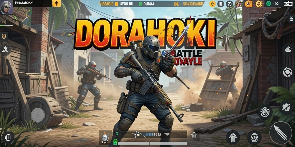 Tangkapan layar DORAHOKI dengan aksi pertarungan Battle Royale.