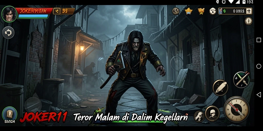 Screenshot utama JOKER11 menampilkan karakter berusaha melarikan diri dari teror malam.