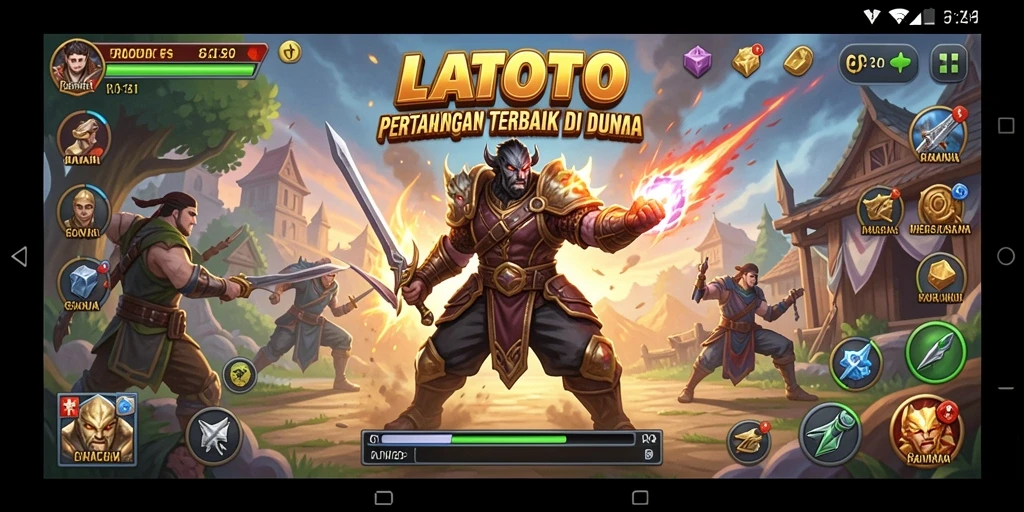 Tampilan gameplay LATOTO dengan pertarungan seru dan karakter unik.