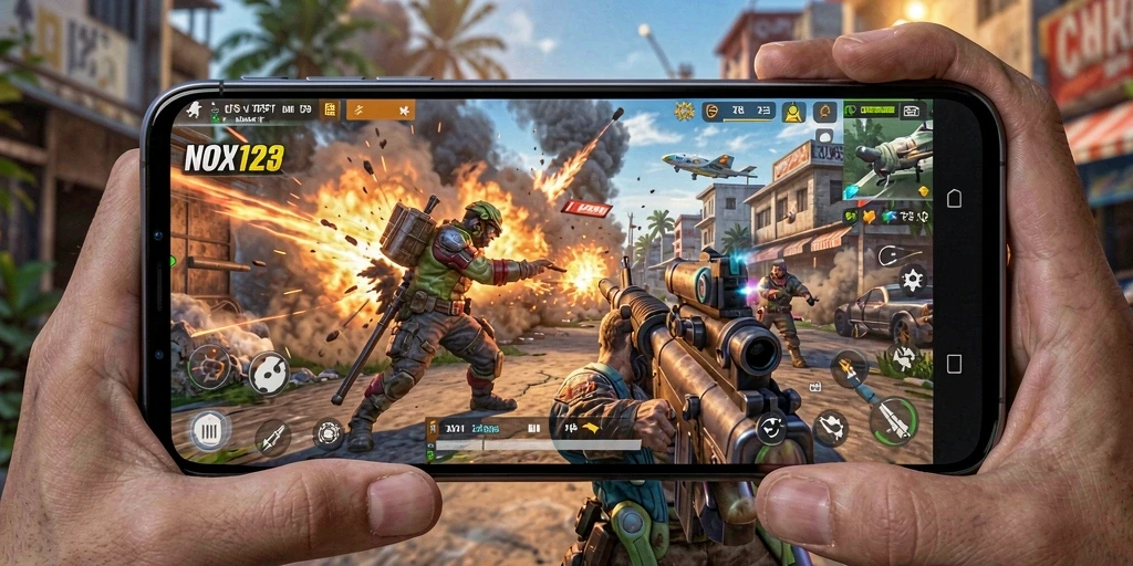 Screenshot NOX123 menampilkan karakter beraksi dalam pertempuran TPS.