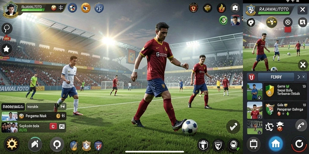 Tampilan gameplay RAJAWALITOTO dengan aksi sepak bola seru