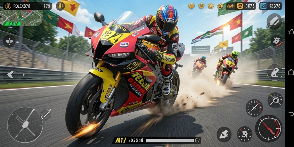 Screenshot gameplay ROLEX878 menampilkan aksi balapan motor yang seru.