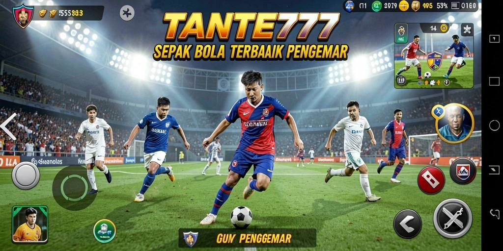 Screenshot utama gameplay TANTE777 menampilkan aksi seru sepak bola.